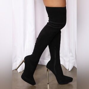 Miss Lola Black Over-the-Knee Boots with Metallic Heels